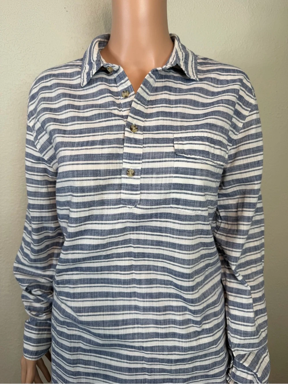Marine Layer Size Large Blue White Stripe Pullover Collared Shirt Women 100%cott - Picture 5 of 14
